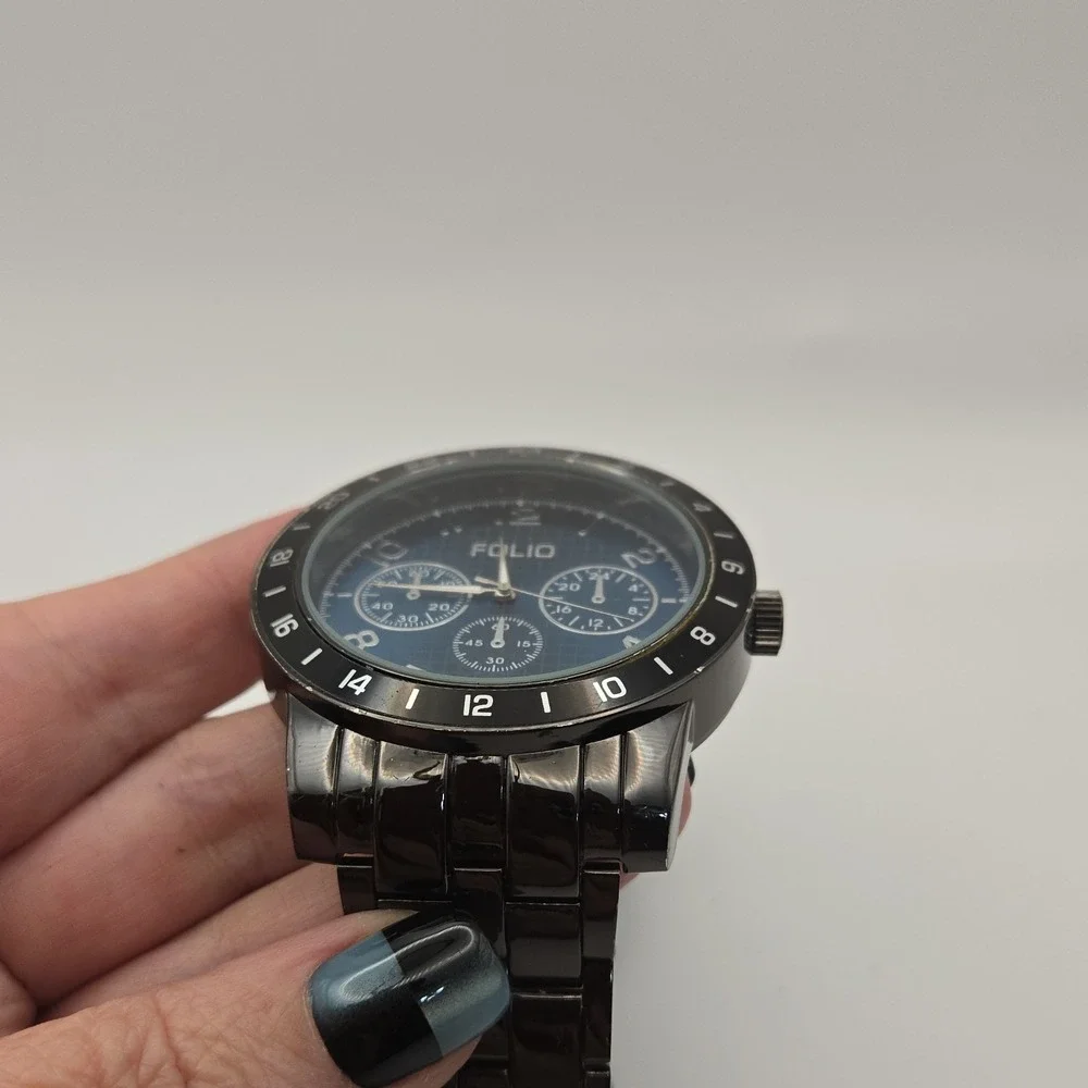 Folio FMDMSG906 Mens 55mm Chrono Blue Dial Watch. Black SS Band, New Batteries.